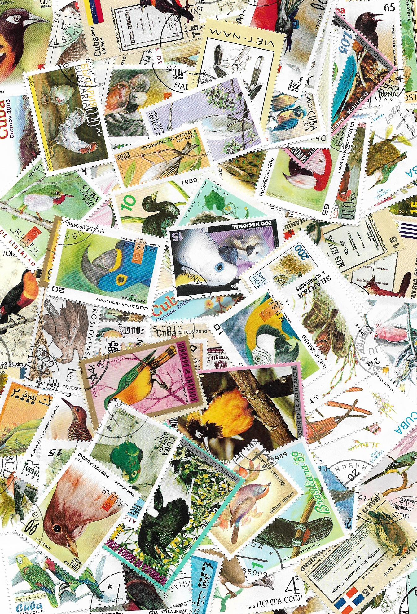 Ptáci 50 různých poštovních známek