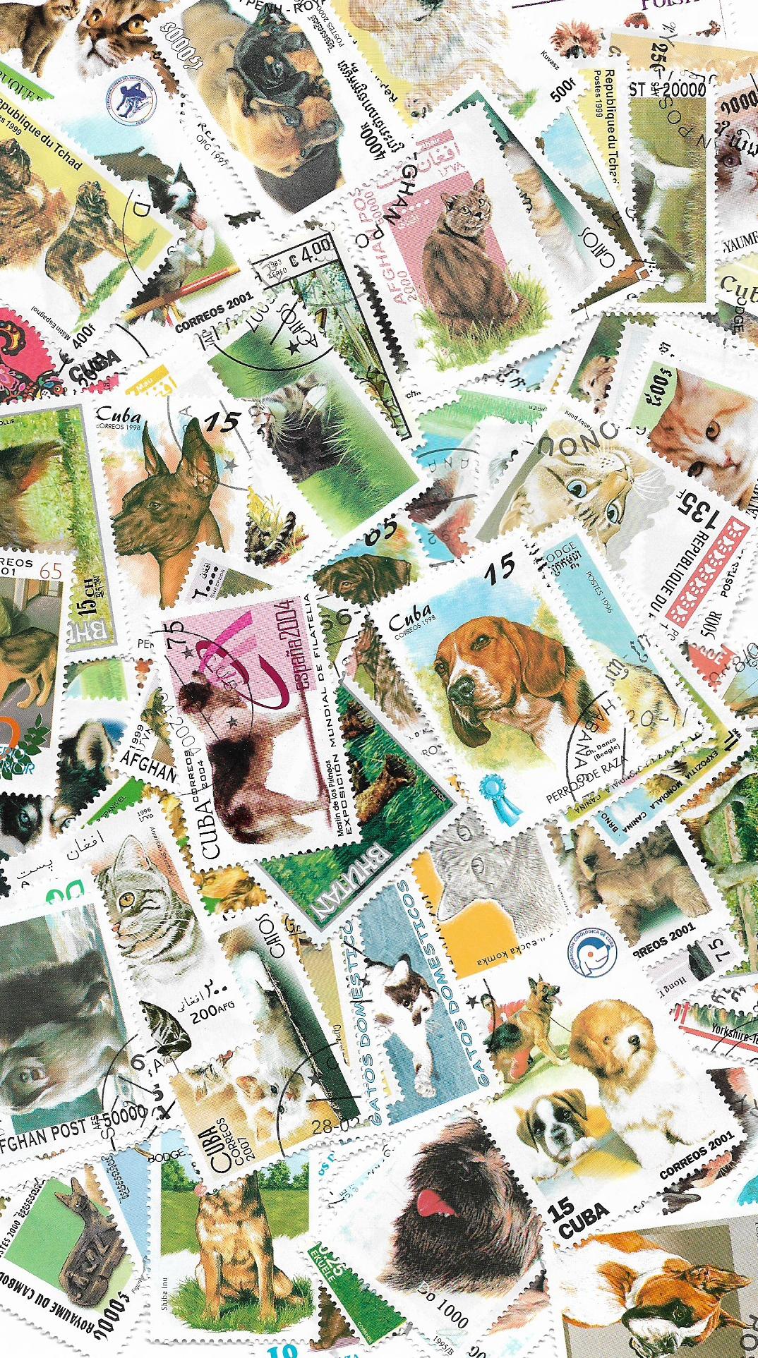 Psi a kočky 25 různých poštovních známek